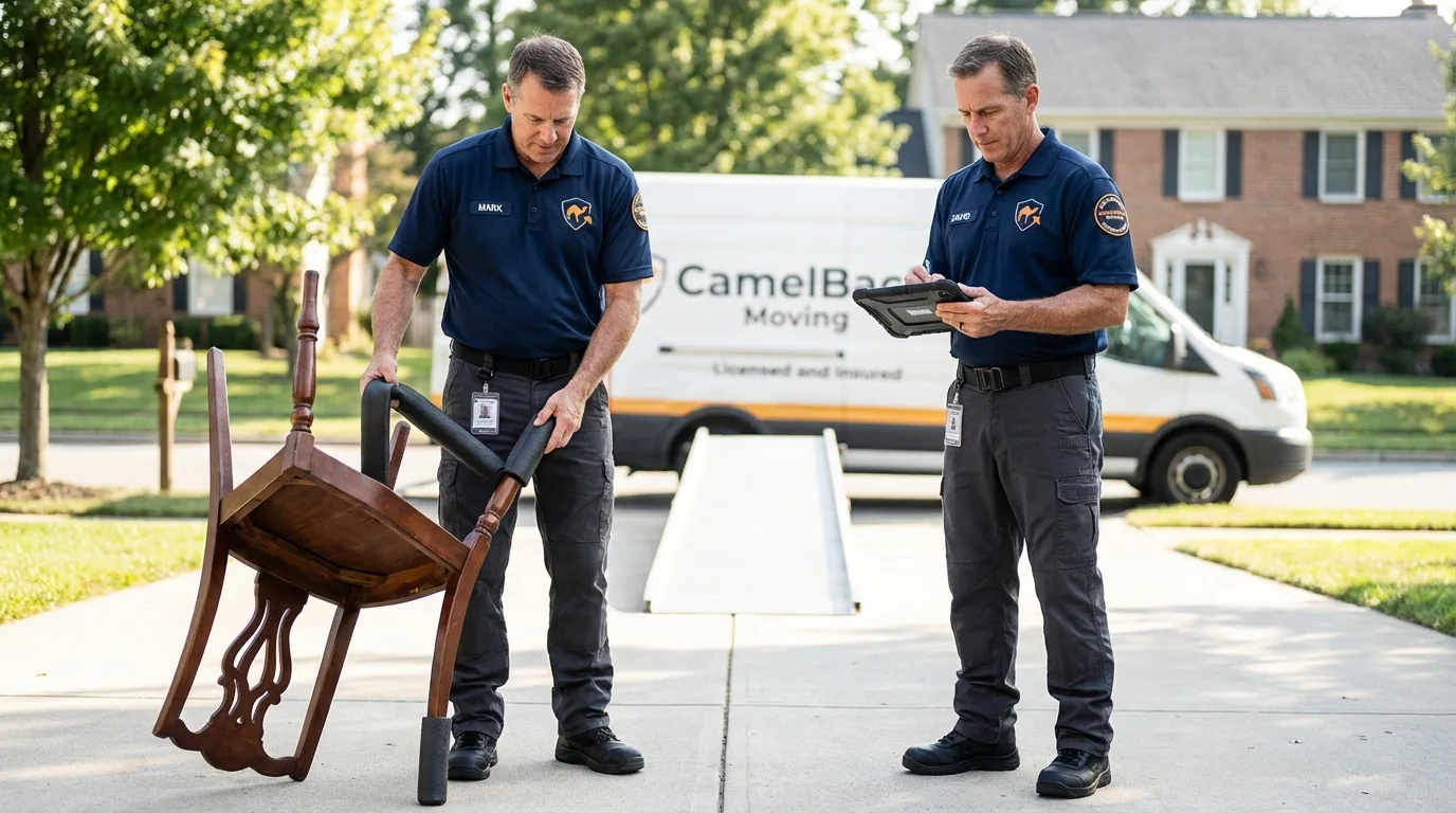Movers inspecting furniture for damage prevention before loading in El Sobrante, CA