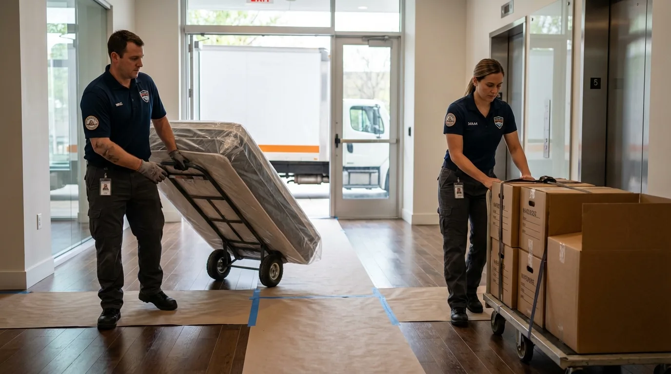 Professional apartment movers loading elevator in El Sobrante, CA